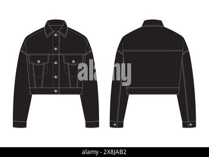 Vector fashion technical drawing of a contrast stitch cropped jacket with front and back view. Front pockets. Silver metal buttons. Woven fabric. Stock Vector