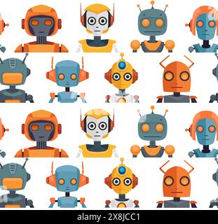 Child cheerful pattern with cartoon robots in row on white background. Childish technology surface design. Flat texture with various cyborg toys Stock Vector