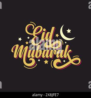 Eid Mubarak beautiful calligraphy design with moon, stars and gold lettering. Islamic religious holiday Eid al Adha greeting card, poster, banner Stock Vector