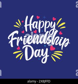 Happy friendship Day handwriting greeting card with hearts and lines on blue background. Beautiful text for celebrate friendship day. Banner, poster, Stock Vector