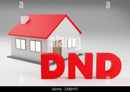 Luxury red inscription dnd on grey podium, soft light, front view smooth background, 3d rendering Stock Photo