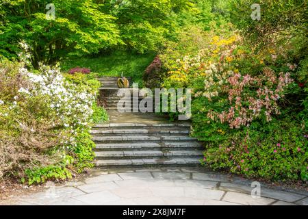 'Swan Fountain' sculpture by Willi Soukop 1950 in garden, Dartington Hall estate gardens, south Devon, England, UK Stock Photo