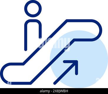 Person standing on escalator going up. Vertical moving stairs. Pixel perfect, editable stroke icon Stock Vector
