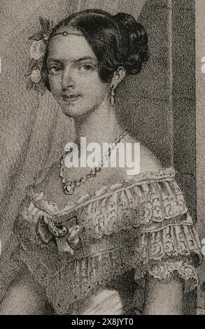 Adelaide of Austria (1822-1855). Austrian Archduchess. Queen consort of Sardinia (1849-1855) by her marriage to King Victor Emmanuel II (1820-1878). Portrait. Drawing by C. Legrand. Lithography by J. Donón. Detail. 'Reyes Contemporáneos' (Contemporary Kings). Volume III. Published in Madrid, 1854. Author: Julio Donón. Spanish artist active from 1840 to 1880. Luis Carlos Legrand (fl. 1829-1858). Spanish draughtsman and lithographer. Stock Photo