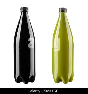 Front view of PET plastic black and green bottle isolated on white background. Bottle for carbonated drinks and energy drinks. File contains clipping Stock Photo