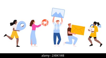 People hold different objects of online services set. Female and male characters holding big envelope with letter and like heart, protection lock and GPS pin, photo cartoon vector illustration Stock Vector