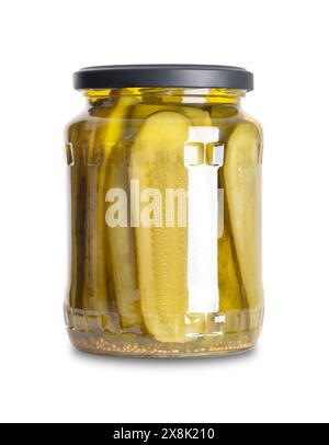 Gherkin slices, pickled in a glass jar. Lengthwise sliced gherkins, pasteurized and preserved in a brine of vinegar, with salt, and mustard seeds. Stock Photo