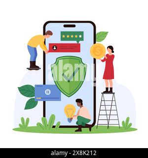 Cyber security and information encryption. Tiny people holding money, light bulb and speech bubbles of social media chat messages to protect data privacy from crimes cartoon vector illustration Stock Vector