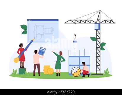 Work of architects in design and remodeling of buildings. Tiny people holding pencil, calculator and clock for draft improvement, reconstruction of house components cartoon vector illustration Stock Vector