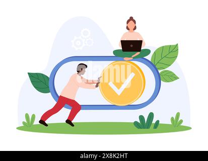 Toggle switch button, UI element for software or mobile app control. Tiny people turn slider with check mark forward to active position on digital navigation panel cartoon vector illustration Stock Vector
