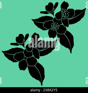 Blooming Philadelphus virginal silhouettes, spring jasmine flower twig stencils, vector illustration. Stock Vector