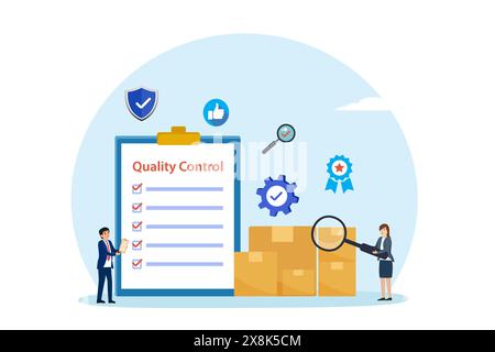 Quality control vector concept. Two workers using a magnifier to controlling quality of goods in the warehouse Stock Vector