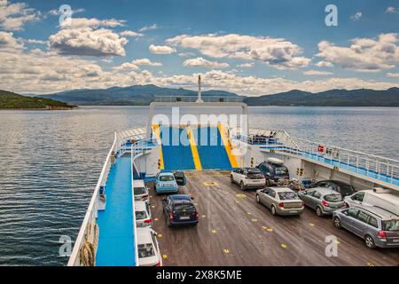 Michalakis III double ended ferry, RoRo cargo ship, crossing Malian Gulf in western Aegean Sea from Glyfa to Agiokambos at Evia island, Greece Stock Photo