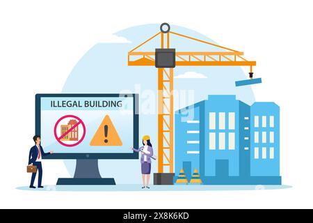 Illegal buildings vector concept. Two workers standing in construction site with Illegal buildings text on monitor Stock Vector
