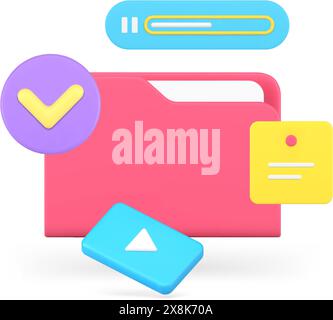 Cyberspace cloud computing data storage document folder multimedia content 3d icon realistic vector illustration. Internet backup service social netwo Stock Vector