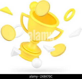 Financial success win achievement golden coin flying victory cup award 3d icon realistic vector illustration. Business profit goal reward leadership a Stock Vector