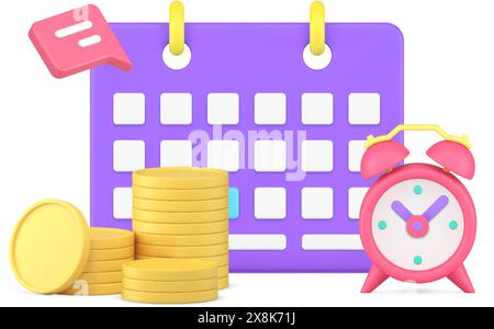 Payment time calendar reminder financial management money planning 3d icon realistic vector illustration. Schedule agenda tax paying deadline credit s Stock Vector