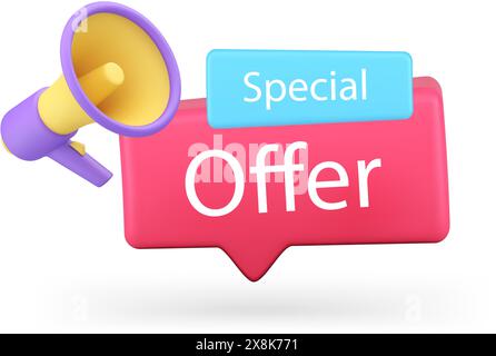Special offer shopping advertising marketing announce megaphone quick tips 3d icon realistic vector illustration. Commercial retail business sale disc Stock Vector