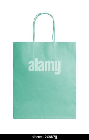 Blank turquoise craft paper bag for food packaging isolated on white background. Eco friendly shopping bag made from recycled paper, ecology, recyclin Stock Photo