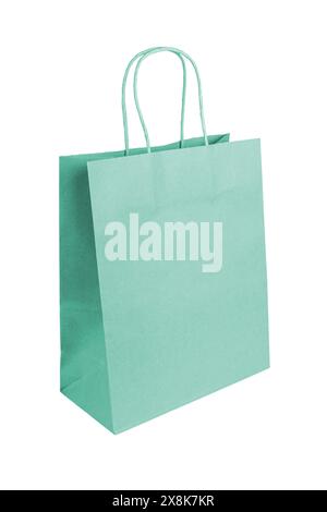Blank turquoise craft paper bag for food packaging isolated on white background. Eco friendly shopping bag made from recycled paper, ecology, recyclin Stock Photo