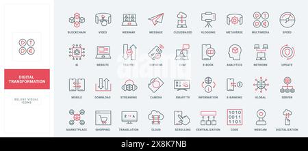 Digital data and AI services, smart solution for software engineering and development line icons set. Global exchange of information and change thin black and red outline symbols vector illustration Stock Vector