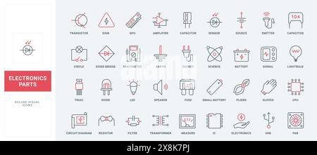 Electronic components, electric circuits and devices line icons set. Microchip and diode, hardware transistors, capacitors and resistors, thin black and red outline symbols vector illustration Stock Vector