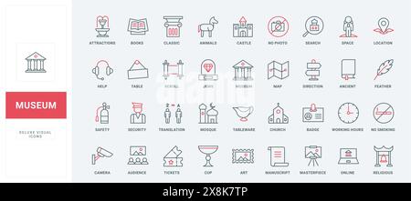 Museum ancient exhibit and service for tourist visit line icons set. Classic pillar, sculpture and painting, book and jewel, museum staff badge thin black and red outline symbols vector illustration Stock Vector