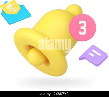 Ring bell incoming notification with number for online chat message 3d icon realistic vector illustration. Cyberspace interface alert warning badge we Stock Vector