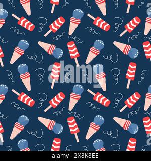 Handdrawn pattern with ice cream painted as American flag. Celebration vector design for 4th of July.  Stock Vector
