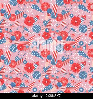 Colourful pattern with american flag, stars, stripes, fireworks. Vector seamless design 4th of July. Stock Vector
