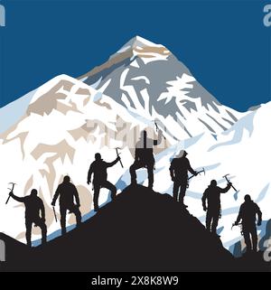 silhouette of seven climbers with ice axe in hand on top of Mount Everest silhouette, mountain vector illustration logo Stock Vector