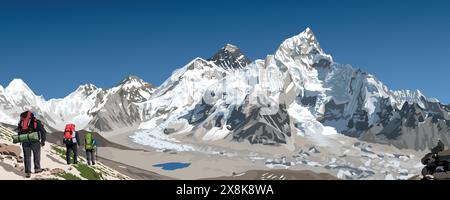 mount Everest and Nuptse as seen from Kala Patthar with three hikers, vector illustration, Mt Everest 8,848 m, Khumbu valley, Nepal Himalayas mountain Stock Vector