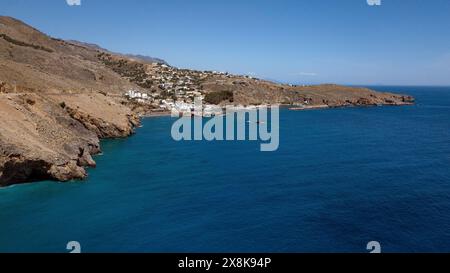 Aerial view of the harbour town of Sfakia on the south coast of the island of Crete on the Libyan Sea Mediterranean, Chora Sfakion, Crete, Greece Stock Photo