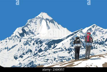 Mount Dhaulagiri peak as seen near Thorung La pass and three hikers, Mount Annapurna circuit trekking trail, vector illustration, Nepal Himalayas moun Stock Vector