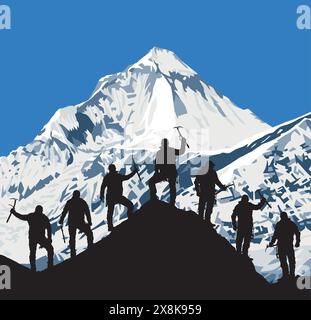 silhouette of seven climbers with ice axe in hand on top of Mount Everest silhouette and mount Dhaulagiri on the background, mountain vector illustrat Stock Vector