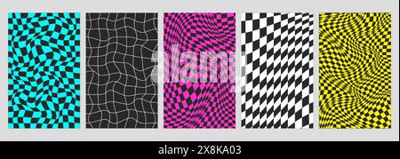 Psychedelic checkerboard backgrounds set with warped wavy grid tile. Twisted checkered seamless geometric pattern in groovy y2k style. Color chessboard posters with distortion effect, optical illusion Stock Vector