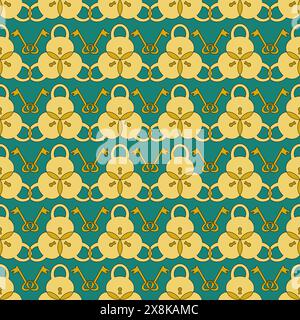 Seamless color pattern with locks and keys in yellow tones forming an ornament on a green background Stock Vector