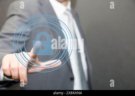Hand touching screen security scanning protect. Cyber Security and safety information, personal data concept. Stock Photo