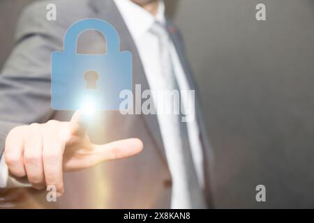 Hand touching screen security scanning protect. Cyber Security and safety information, personal data concept. Stock Photo
