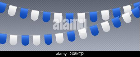 Bunting flags, carnival party flags, white and blue festive pennants hanging on a rope. Stock Vector