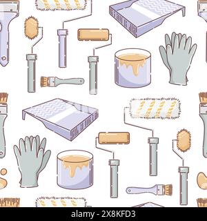 Repair and painting work, seamless pattern of brushes and rollers for painting. Cuvette for paints, gloves, a jar of enamel. Repair, building. Vector Stock Vector