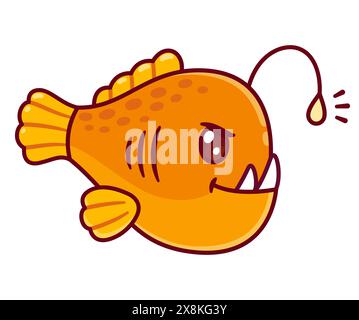 Cute cartoon Anglerfish drawing. Deep sea creature in kawaii style, vector illustration. Stock Vector