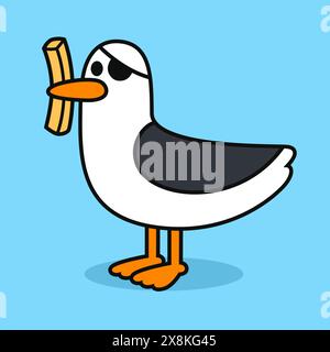 Funny cartoon seagull with french fry drawing. Sea gull with pirate eye patch stole potato chip. Vector doodle illustration. Stock Vector