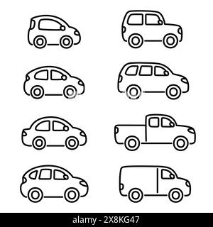 Different car types line icon set in cute cartoon hand drawn doodle style. Sedan and hatchback, SUV and crossover, pickup truck and van. Vector illust Stock Vector