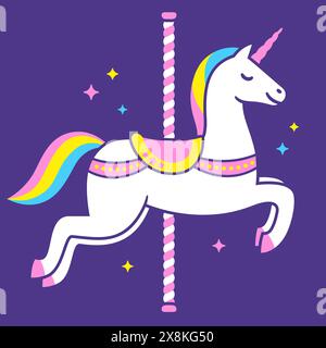Unicorn carousel horse vector illustration. Cute cartoon white unicorn with rainbow sparkles on purple background. Stock Vector