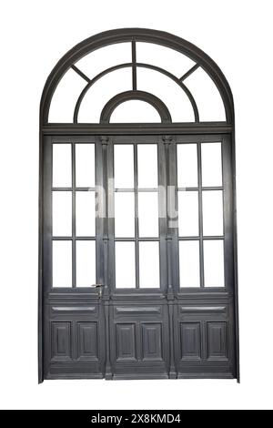 Black triple door with arch and many windows, isolated on white Stock Photo