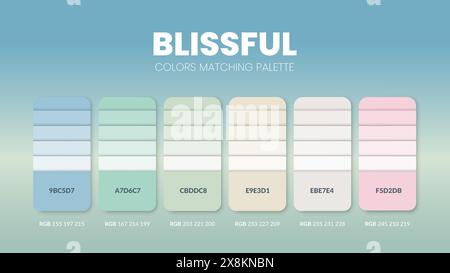 Color palette guide in Blissful colour theme collections. Color inspiration or chart with codes template. Color combination RGB. Colors swatches for g Stock Vector