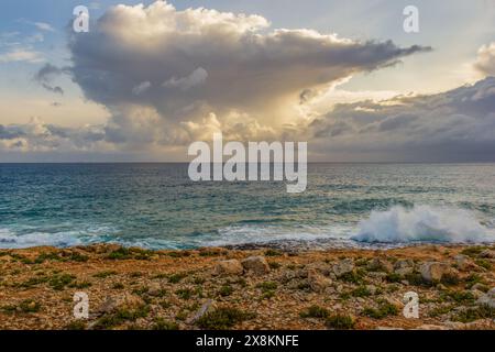 A beautiful morning along the coast. The sun is shining, waves rolling in and clouds stretching across a pristine blue horizon over an endless body of Stock Photo