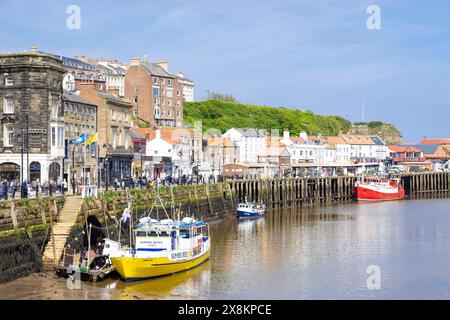 Whitby UK Tourist boats for sea trips and boat trip excursions on the River Esk in Whitby Harbour Whitby North Yorkshire UK GB Europe Stock Photo