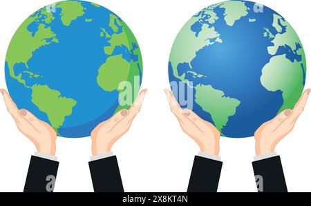 Two hands holding the Earth, Globe 2D and 3D vector illustration Stock Vector